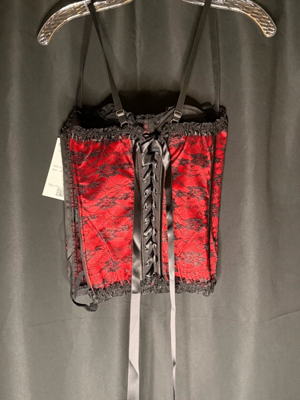 Elegant Black Lace Trim RedBustier Corset Top w/matching thong-Women Intimates - Picture 5 of 12